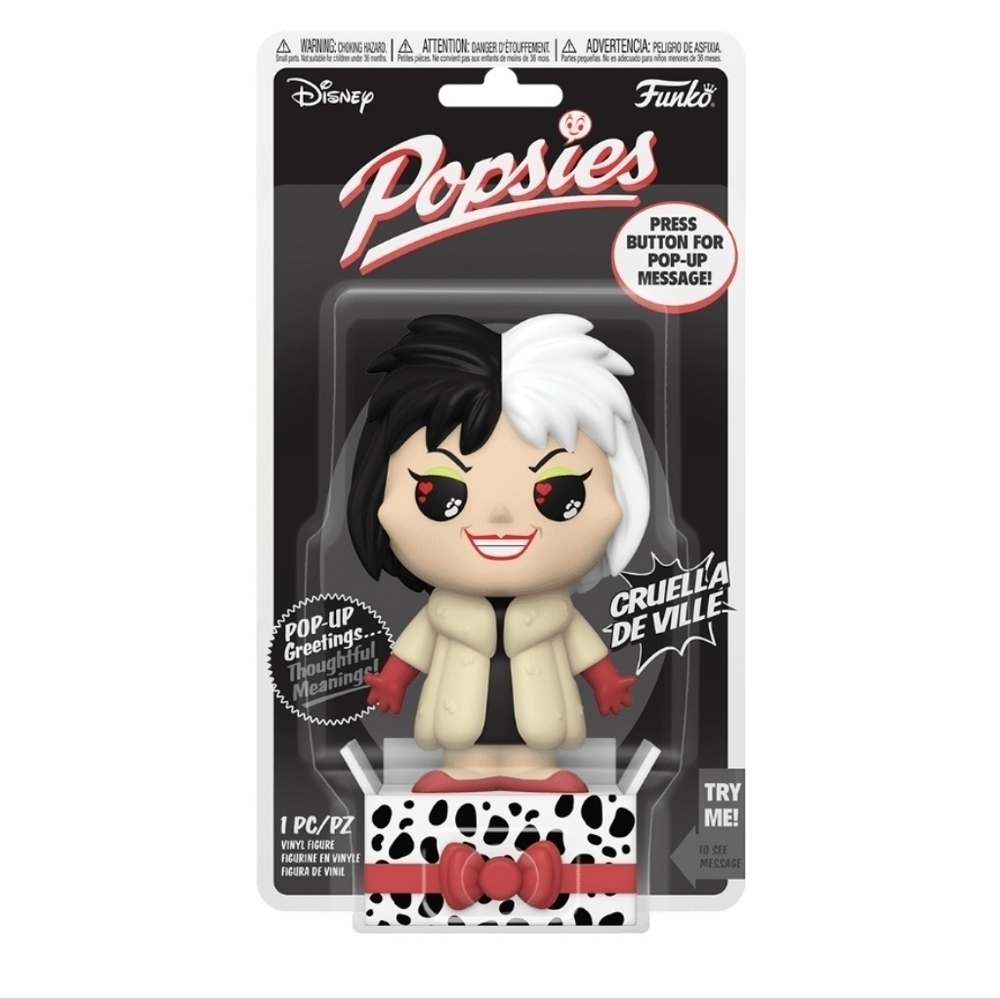 Funko POPsies Disney Villains Cruella De Vil pop up message, NWP